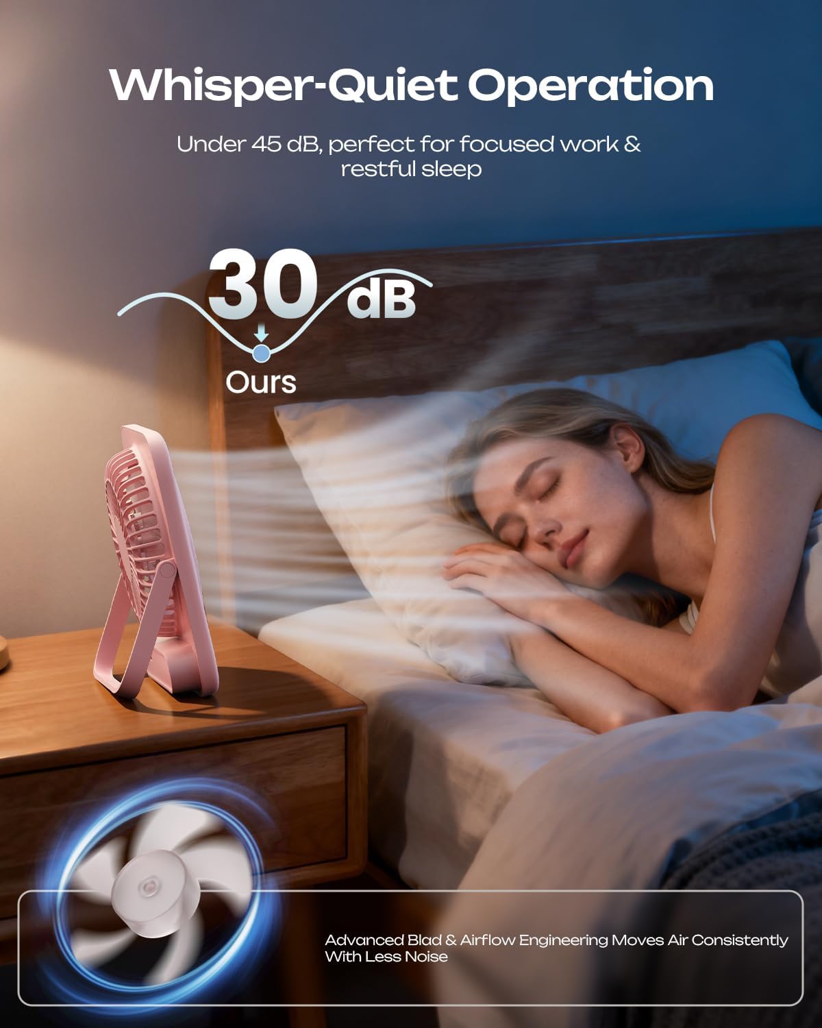 Otlonpe Personal Portable Desk Fan, 4000mAh Small Rechargeable Portable Fan Battery Operated & USB Powered for Travel Sleeping Bedroom Office Home Table, Cordless, Quiet, 4-Speed, 6.5 Inch (Pink)