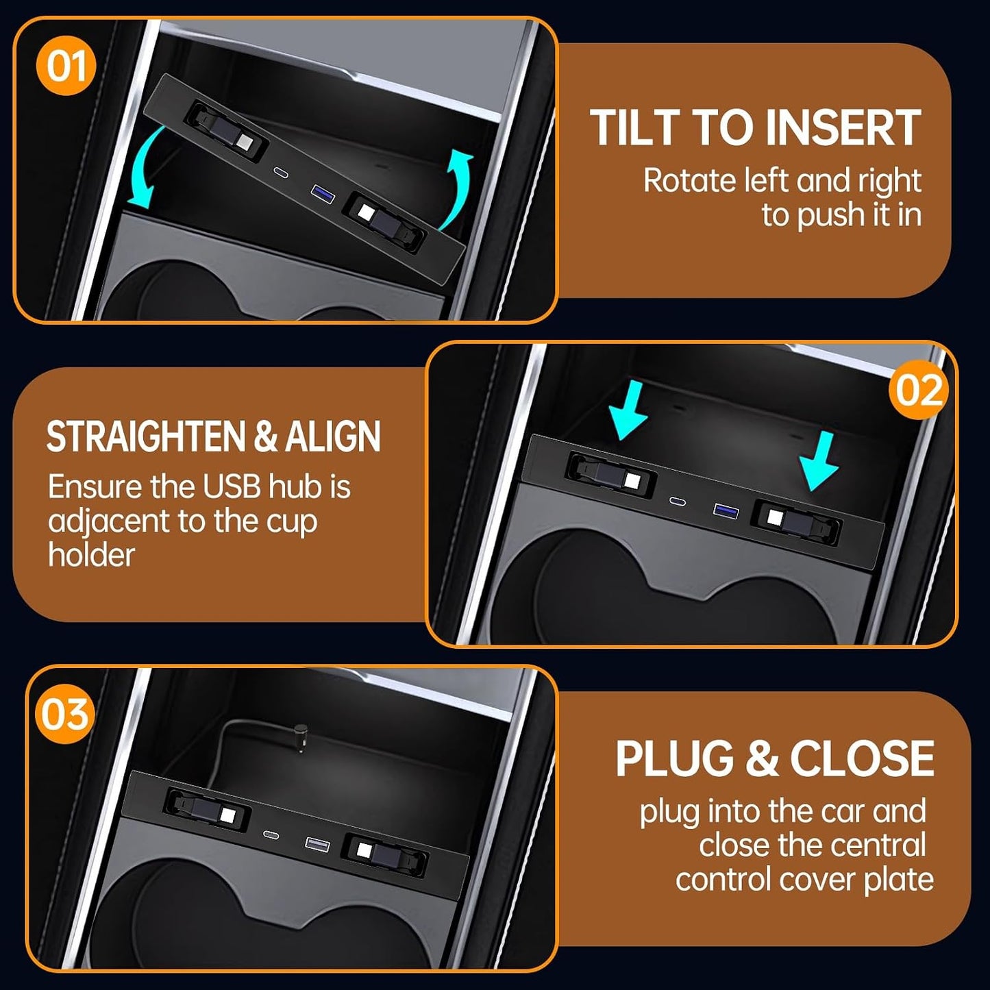 USB Hub for Tesla Model Y Juniper 3 Highland Y L with Dual Type-C | Fits Model Y Juniper 2025 2026 Model 3 Highland 2024-2026 Y L, 117W 4-in-1 Center Console Docking Station with Sunken Design