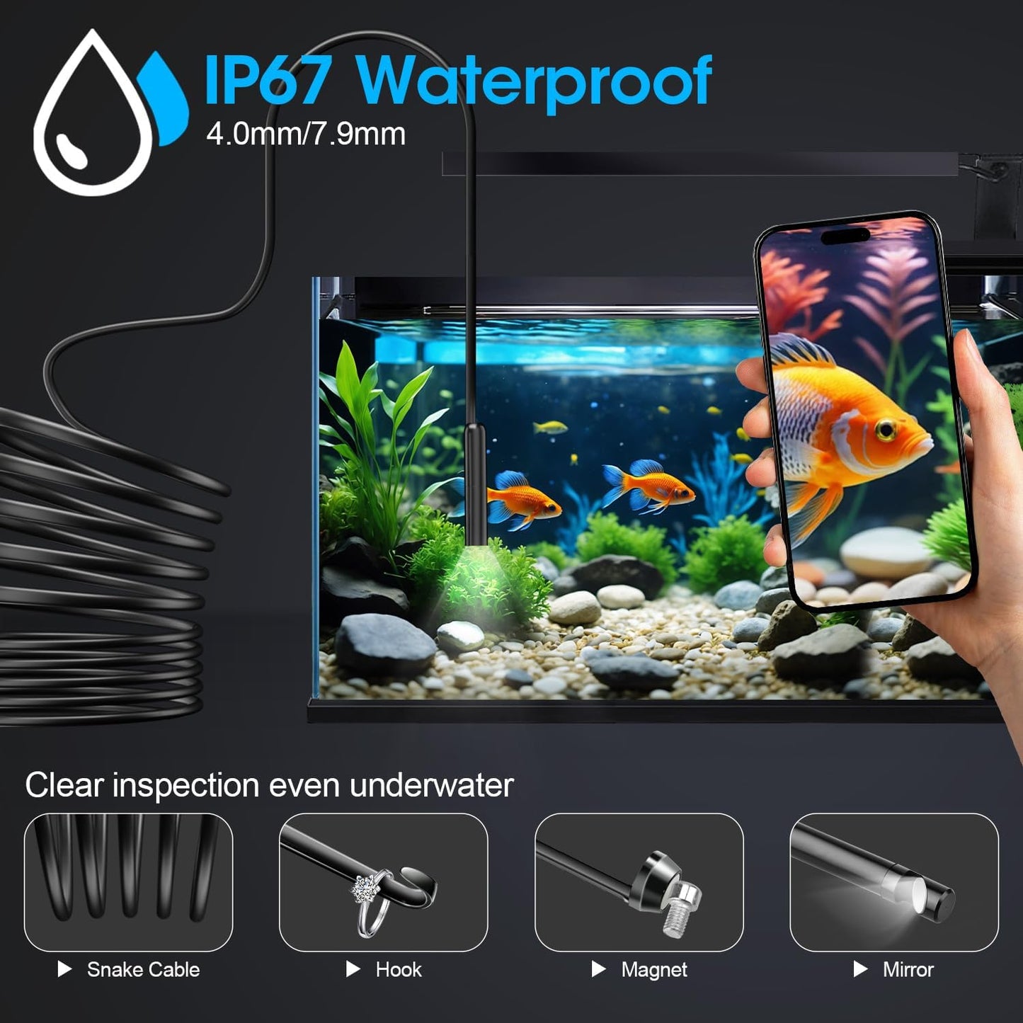Endoscope with Light, 1920P HD Borescope with 8 Adjustable LED Lights, Semi-Rigid Snake Camera, IP67 Waterproof Inspection Tool (9.8ft, Black Harness + Single Lens)