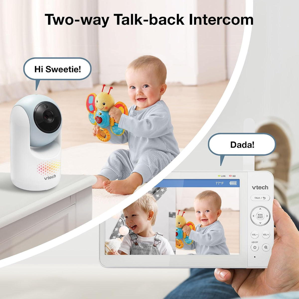 VTech Baby Monitor No WiFi, 2 Cameras, 7" Split IPS Screen, 5000mAh 12Hr Battery, 360° Pan Tilt Zoom, Night Vision, Night Light| Advanced Max Twin Blue