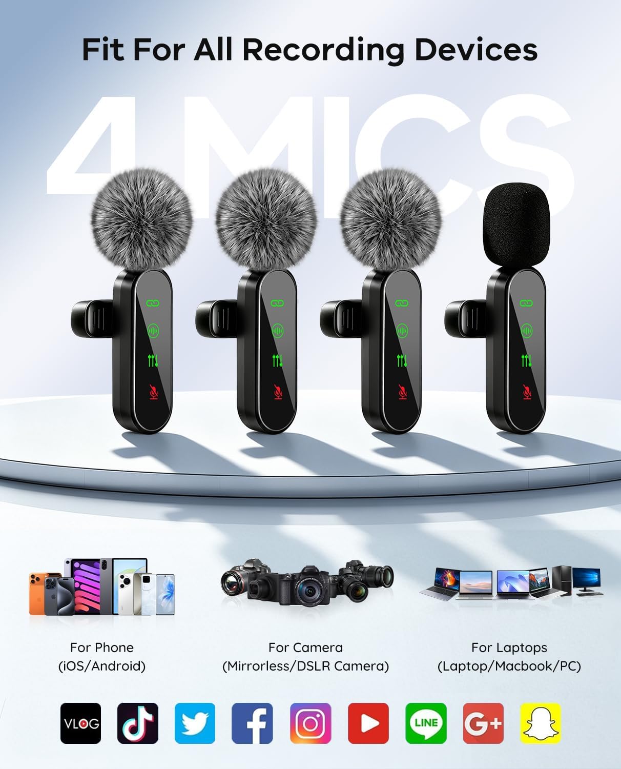 4 Packs Wireless Lavalier Microphone for iPhone Android Camera | Mini Clip-On Mic with Noise Reduction for 4-Person Video Recording, Interviews, Podcasts, YouTube, TikTok & Vlogging (Black)