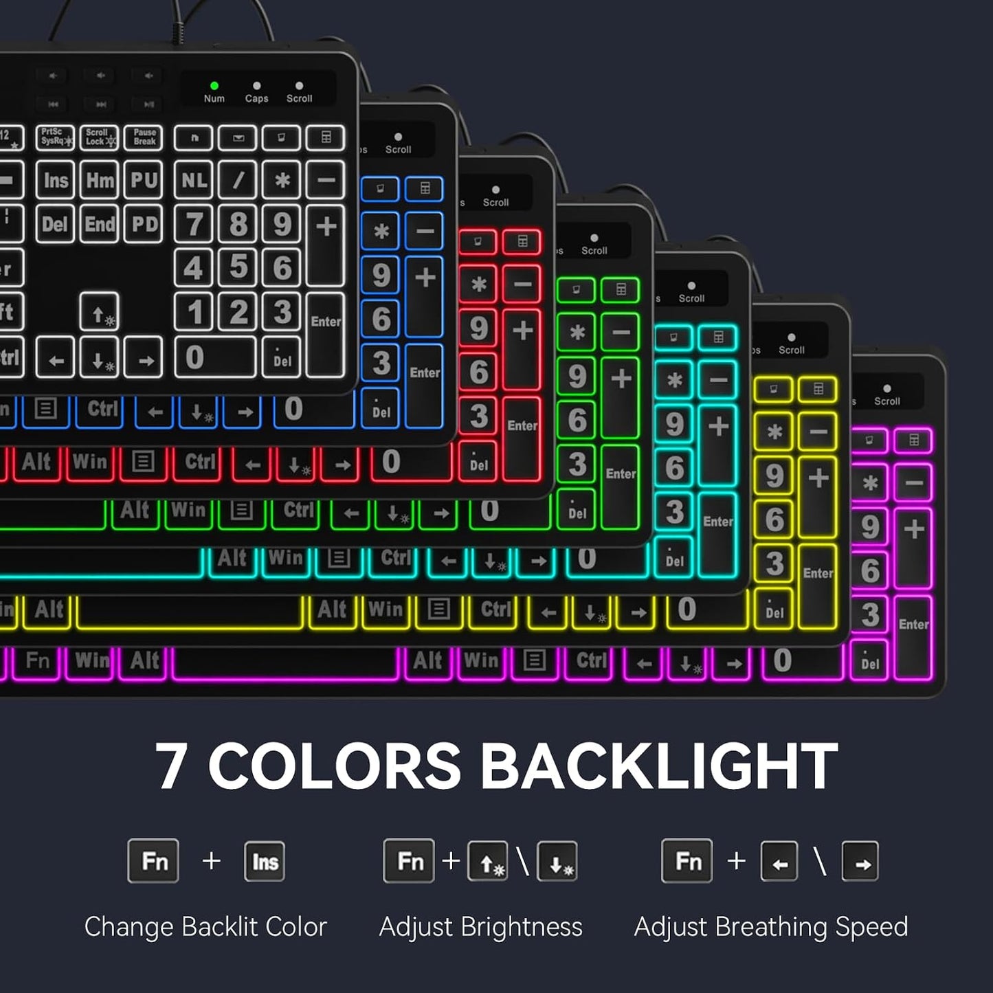 MARVO Large Print Backlit Keyboard, WK712 Wired Computer Keyboards with 7 Colors & 11 Modes Backlight, Tablet Phone Holder and Quiet Light Up Keys, Full-Size Gaming Keyboard for Windows, Mac