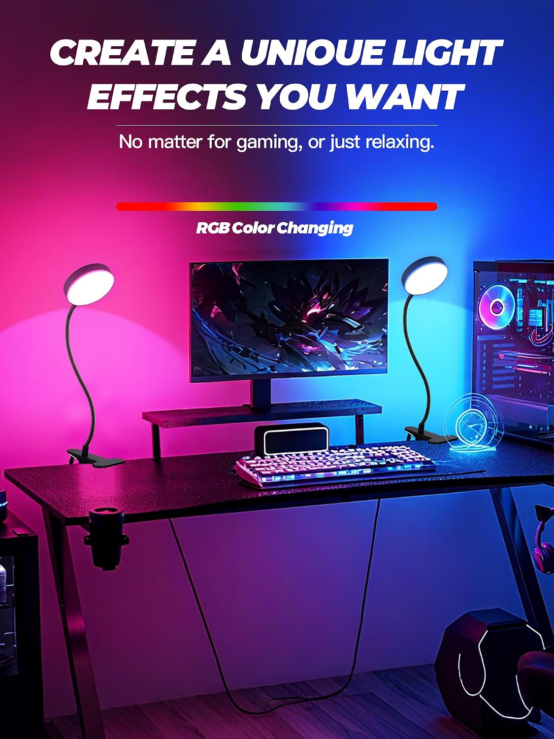 Clip on Light,10 RGB Colors+10 Brightness Small Desk Lamp with Clamp Light | 500 lm Bright 72 LED Desk Light, USB Adapter Reading Lights for Books in Bed/Headboard/Bedside Table/Bedroom/Dorm/Home Office