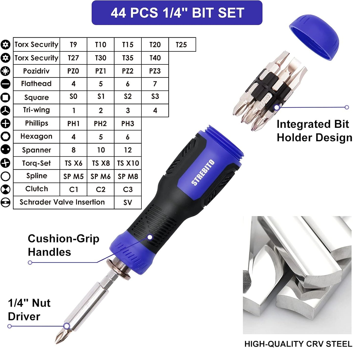 STREBITO 191-Piece Multi-Bit Screwdriver, Precision Screwdriver Set(Blue) | 1/4'' Nut Driver Home Improvement Tool Electronic Repair Kit for Computer, Phone, Laptop, PC, Cell Phone, PS4, Xbox, Nintendo