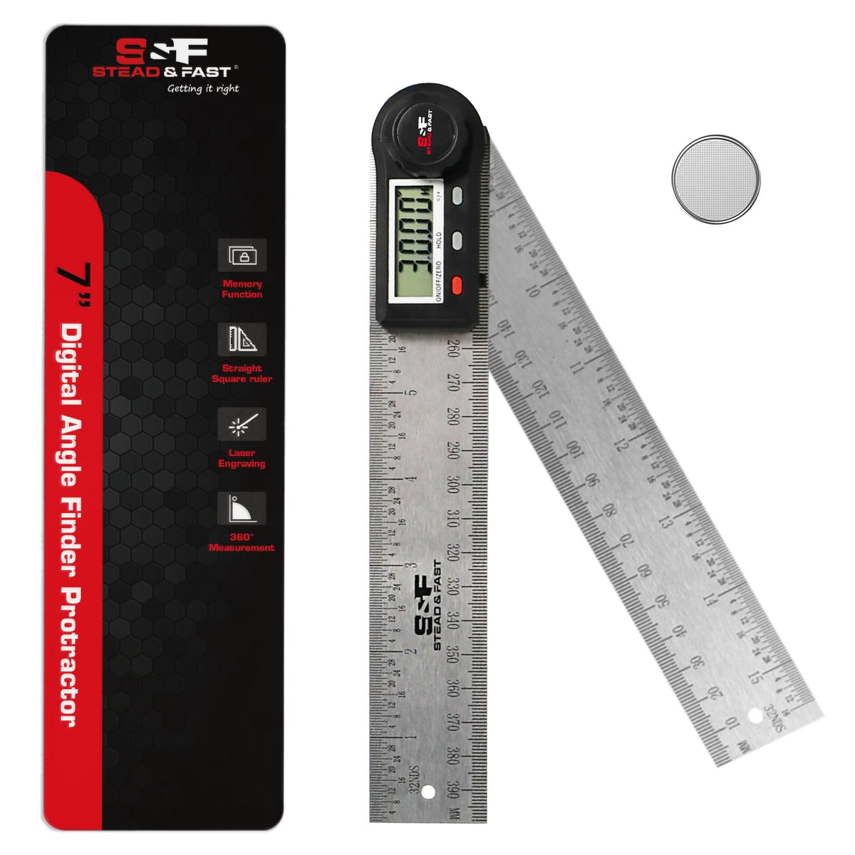 S&F STEAD & FAST Stainless Steel Digital Angle Finder Tool, 7 Inch / 200 mm | Hold & Zero, Slope & Degree, Auto power off, Large LCD, Laser-etched scale, Compact, for Woodworking & Renovation & Table saw