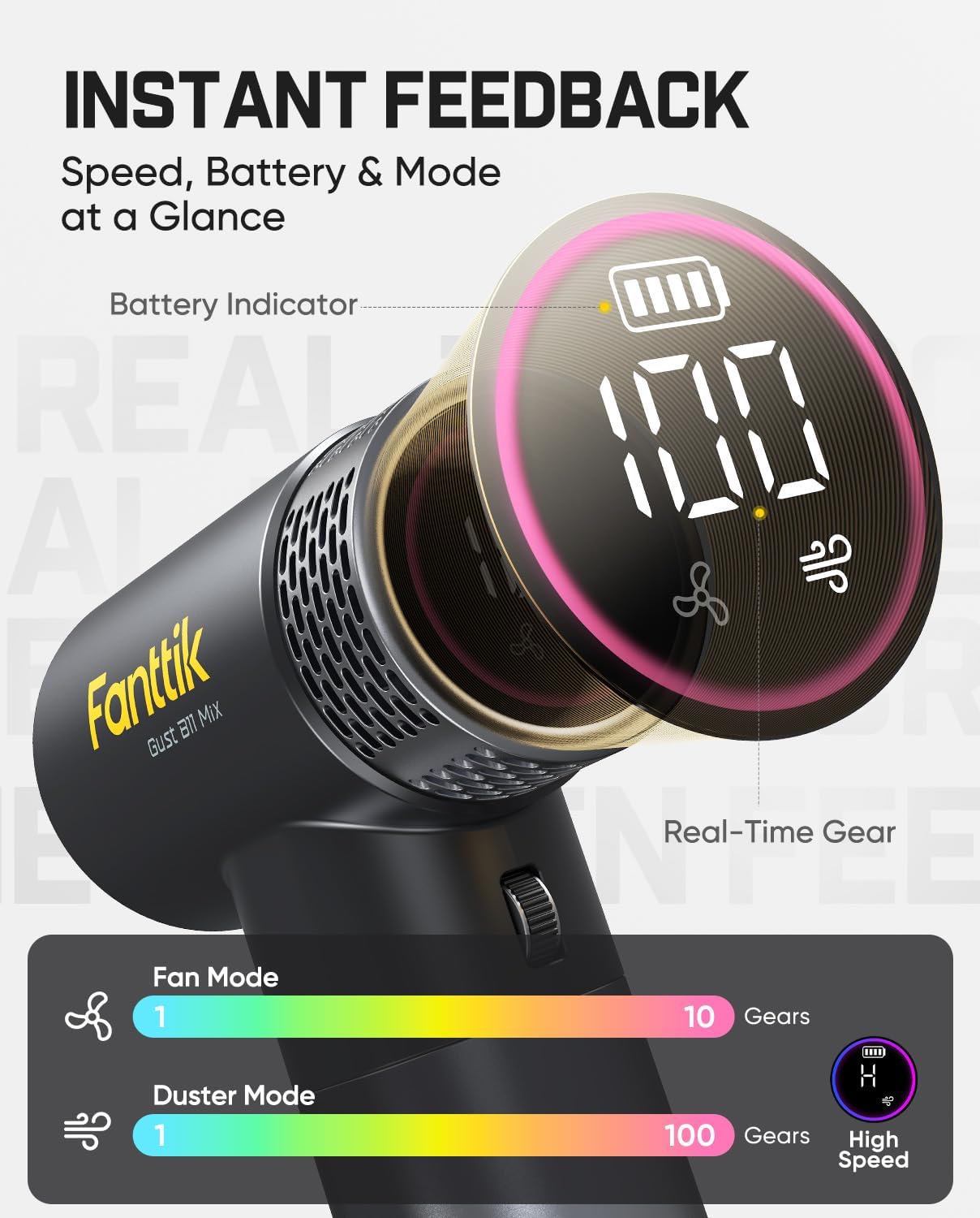 Fanttik Gust B11 Mix 2-in-1 Electric Air Duster & Portable Fan | 110000RPM Brushless Motor, 100-Speed Adjustable, One-Tap Booster, Rechargeable Blower for PC, Electronics & Outdoor Cooling