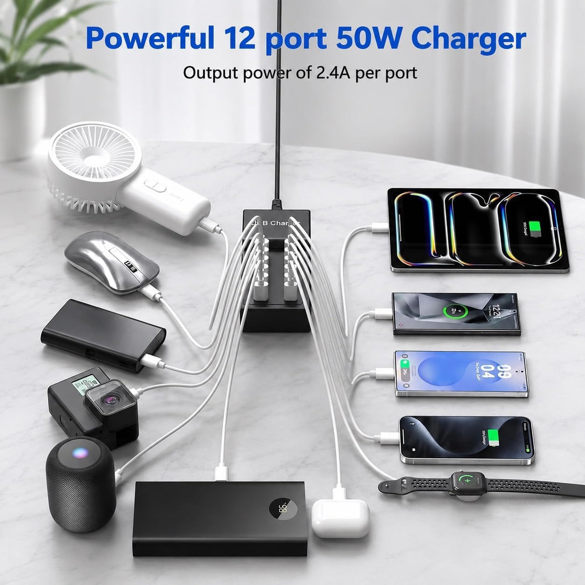 Multi USB Charger USB C Charging Station Block 50W 12 Ports Multiple USB C Hub USB Charging Strip for iPhone 13/14/15/16/Smartphone/Tablet