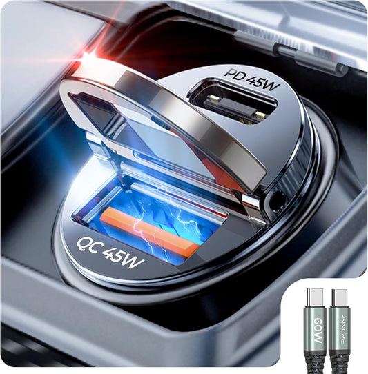 AINOPE 90W for iPhone 17/16/15 Pro Max Car Charger USB C Fast Chage, [Mini&Metal] Invisible Cigarette Lighter Adapter with 3FT USB C to C Cable, Car Accessories for Mother Him Her, Adapter for iPhone
