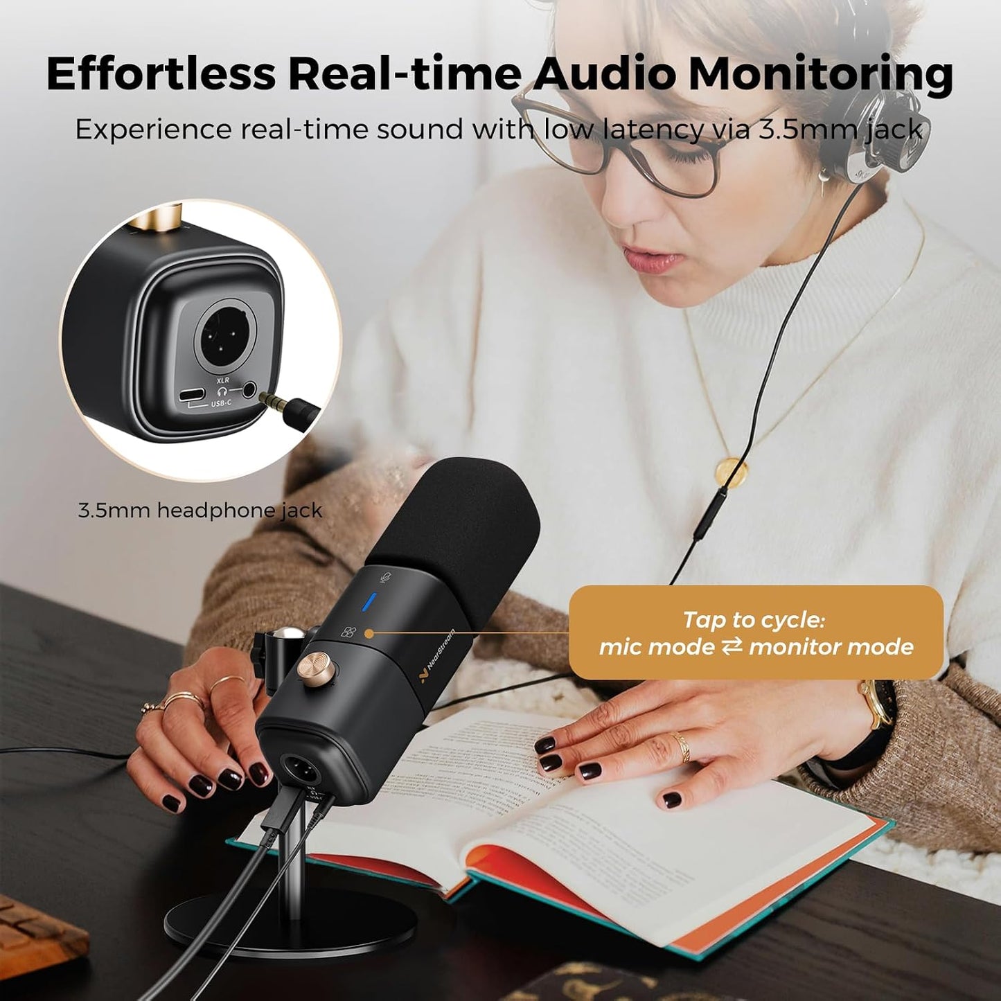 NearStream AM25X Gen3 USB/XLR Podcast Microphone for PC/Audio Mixer | Condenser Mic with Desk Stand for Stream/Podcast, USB-C Noise Canceling, Volume, Headphone Jack, Mute, XLR for Audio Mixers