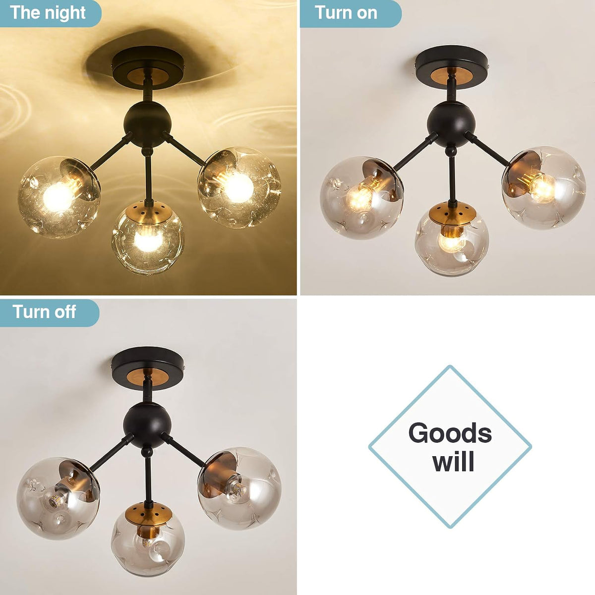 3-Light Chandelier ，Vintage Semi Flush Mount Ceiling Light Fixture with Glass Globe， Black Ceiling Light for Hallway Stairway Porch Entryway Kitchen Bedroom Laundry Farmhouse..