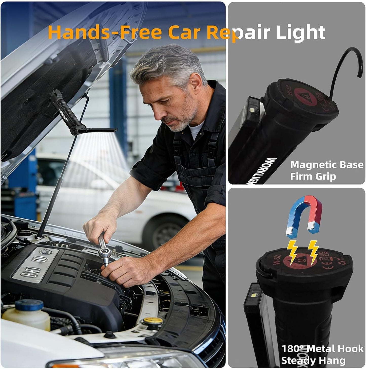 Tool Fathers Day Dad Gifts for Men Him Husband LED Rechargeable Work Light | for Mechanic with Magnetic Base Hook, Grill Light Inspection Flashlight 5 Modes 360° Rotate Car Repair Emergency Birthday