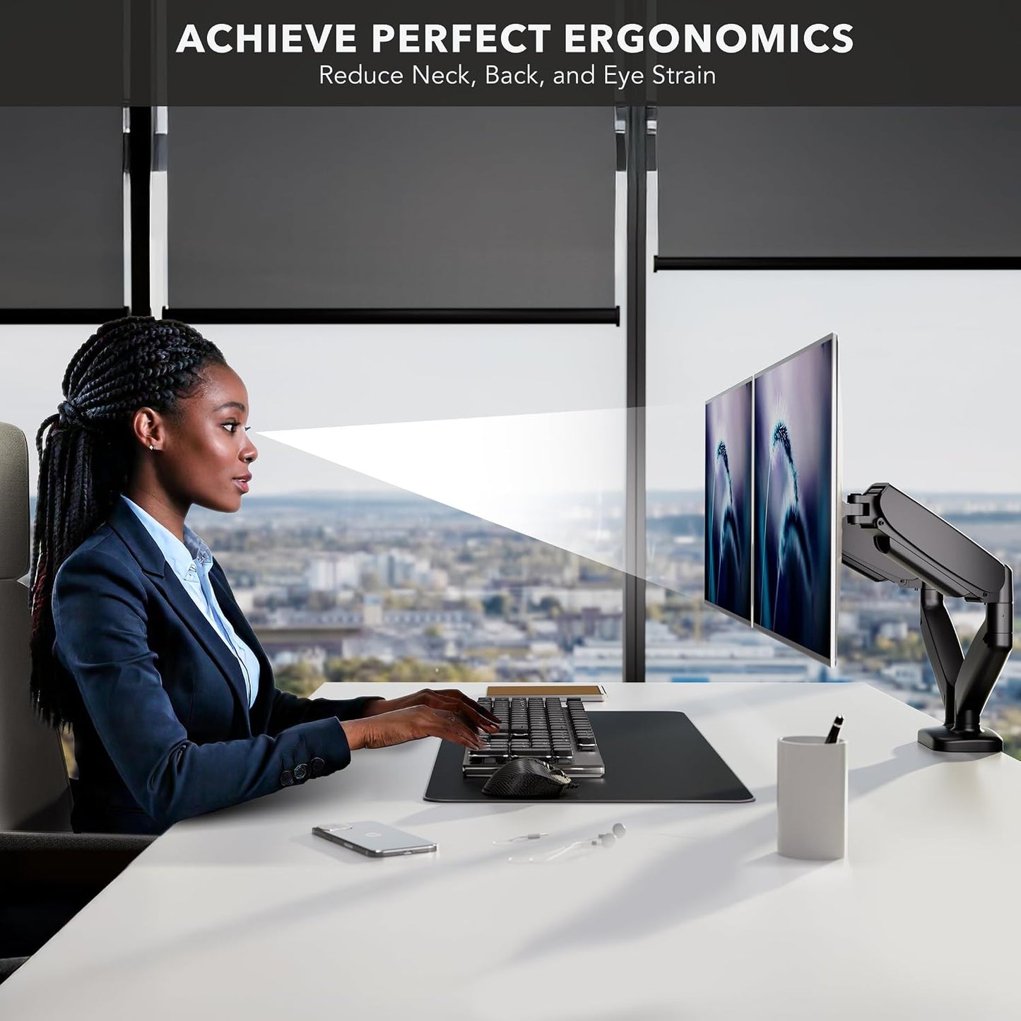 Mount-It! Dual Monitor Desk Mount, 13-32", 17.6 lbs Each | Two independent gas spring arms, full motion, VESA 75x75 &amp; 100x100, C-clamp &amp; grommet base.