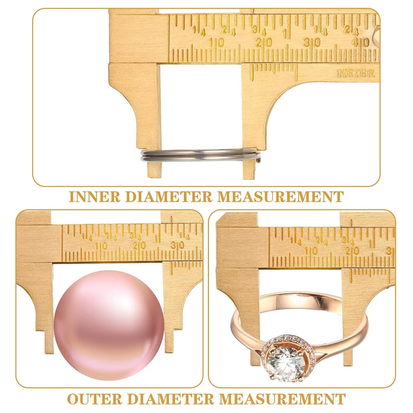 4 Pcs Brass Pocket Caliper Double Scale Mini Tool for Jewelry | Vernier Gauge with Dual Scales, Metal Calipers for Beads Wire Rings, Portable Mini Ruler Measuring Jewels Sizing Crafts