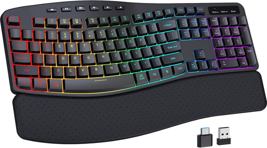 COLIKES Wireless Ergonomic Keyboard, Backlit Keyboard Silent with 15 RGB Lighting Effects, Leather Wrist Rest, 2500mAh Rechargeable, Multimedia Keys, Wave Keyboard for PC Computer Laptop Windows Mac