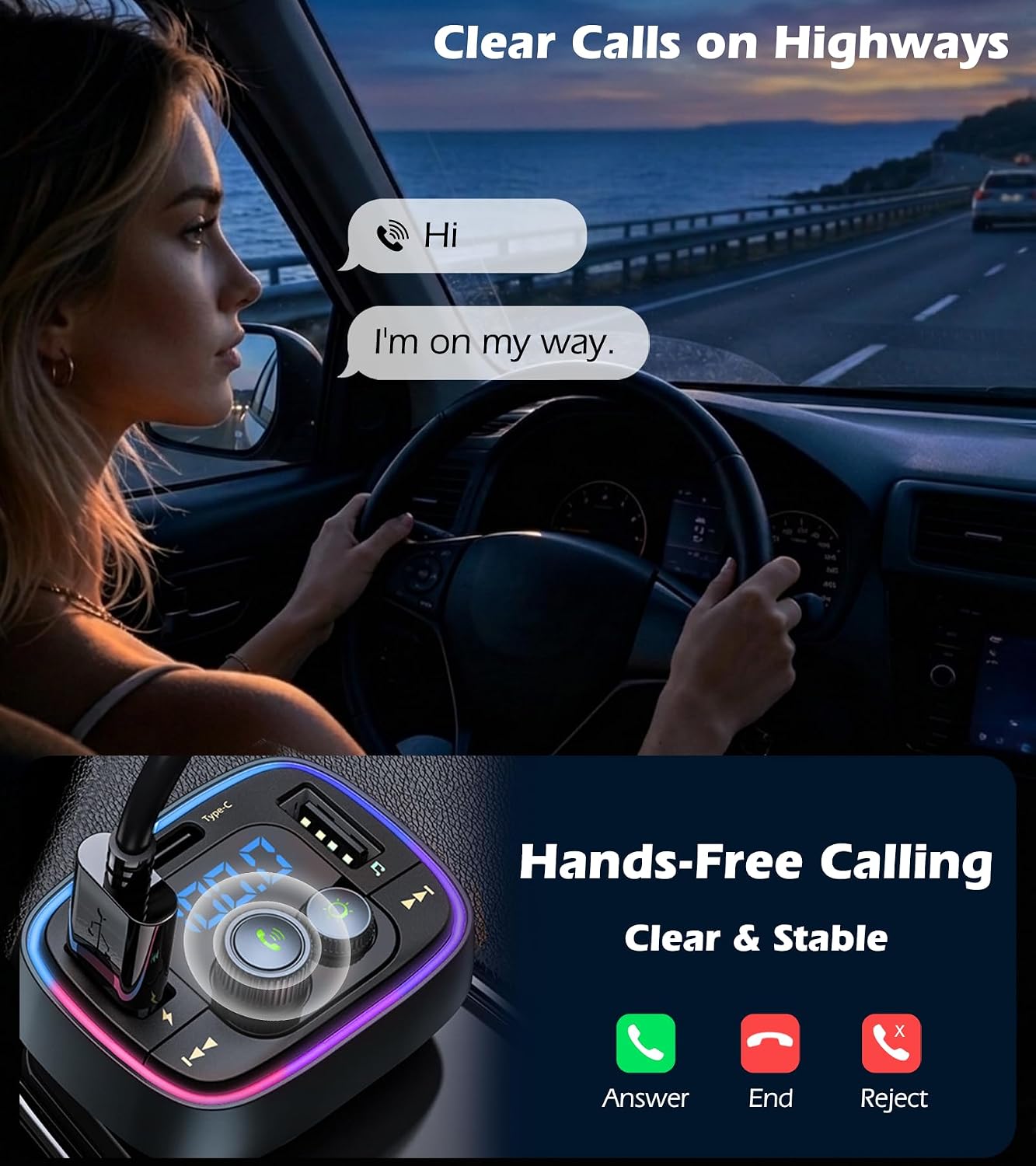 LIHAN Bluetooth Car Adapter 5.4, FM Transmitter, 48W PD/QC Charger | Enjoy Bluetooth music, GPS navigation and hands-free calling while charging devices with powerful 48W PD/QC fast charging