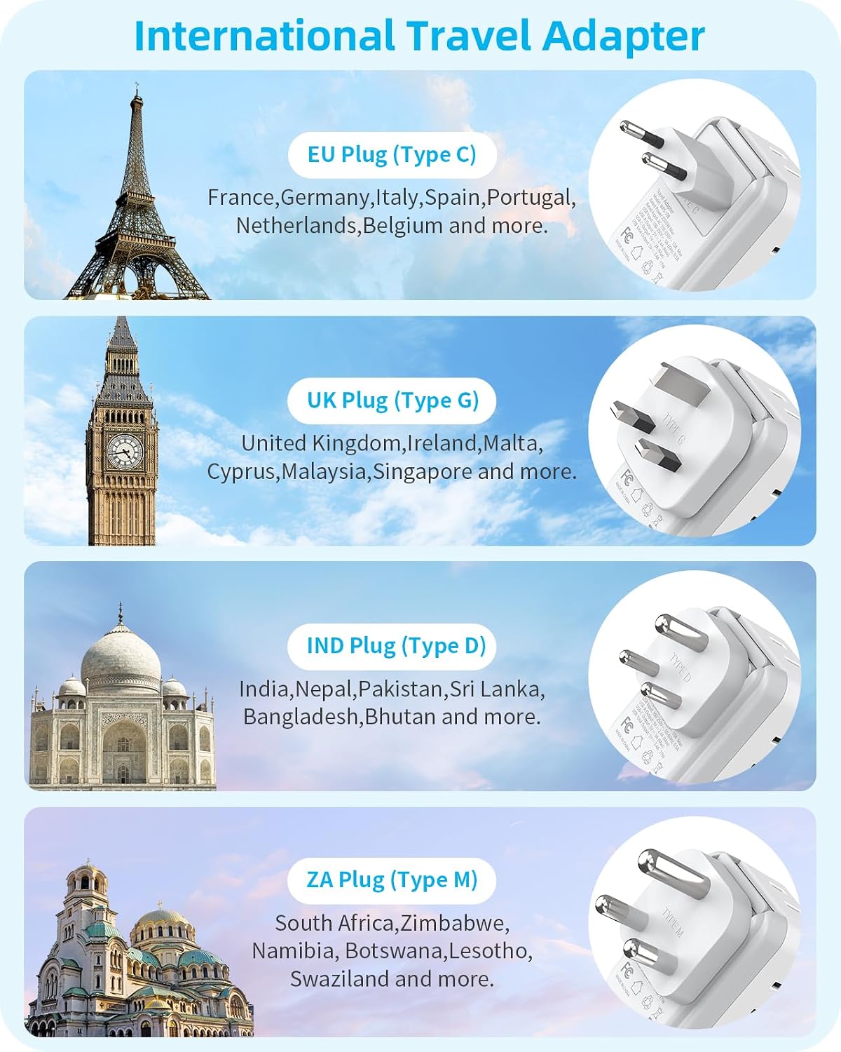 PAEWOK Travel Adapter Set with Type G/C/M/D Detachable Plug | European Travel Plug Adapter, 4 AC Outlets 4 USB Ports (2 USB C), US to UK/EU/South Africa/India, Universal Travel Adapter