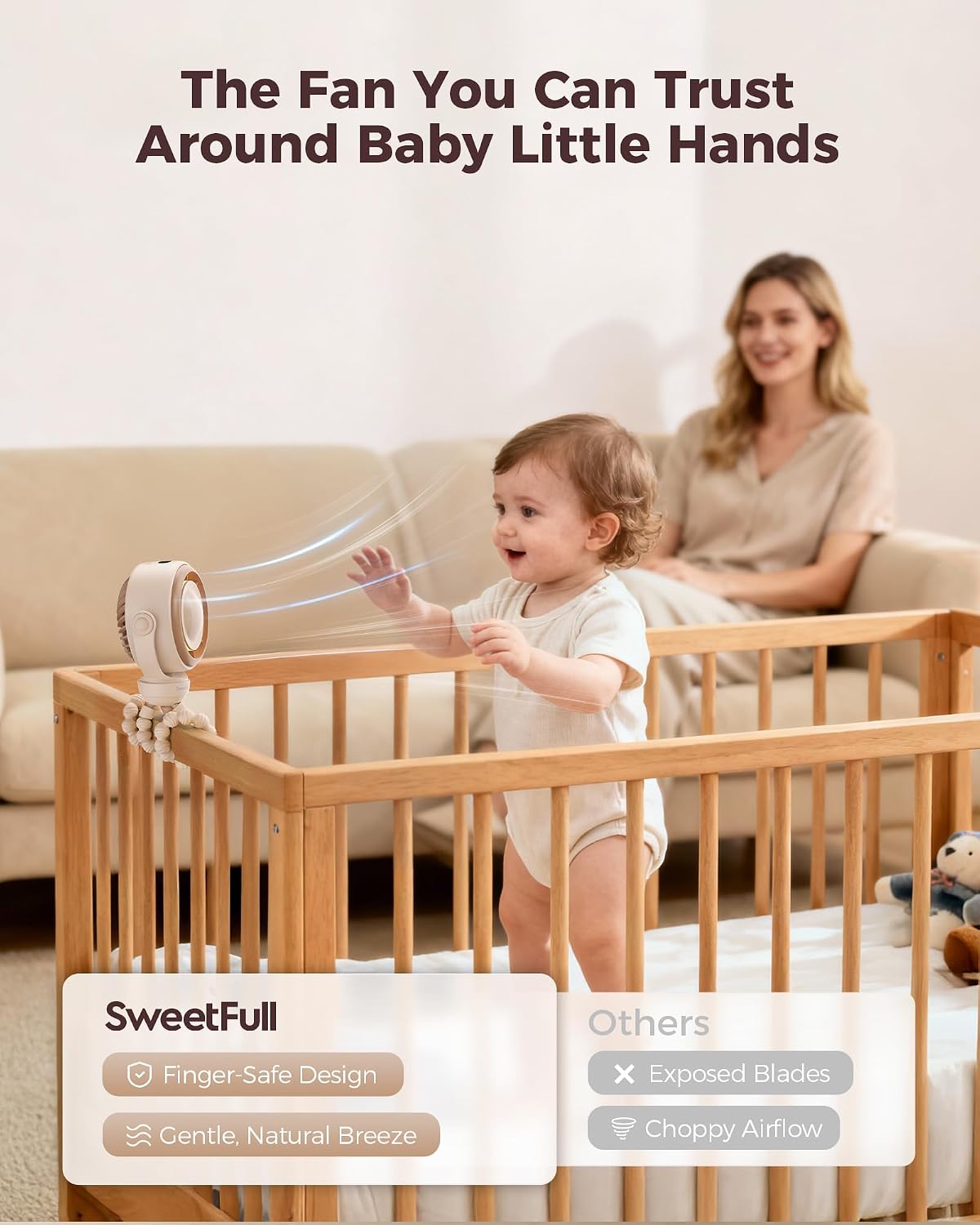 SWEETFULL Baby Stroller Fan, Safe Portable Fan, 15H Use, Nightlight - Brown | Pinch-Proof Design; 4000mAh Rechargeable; Stable Mini Clip On Fan; 360° Adjustable; 4-Speed Quiet; LED Display; Car Seat Crib
