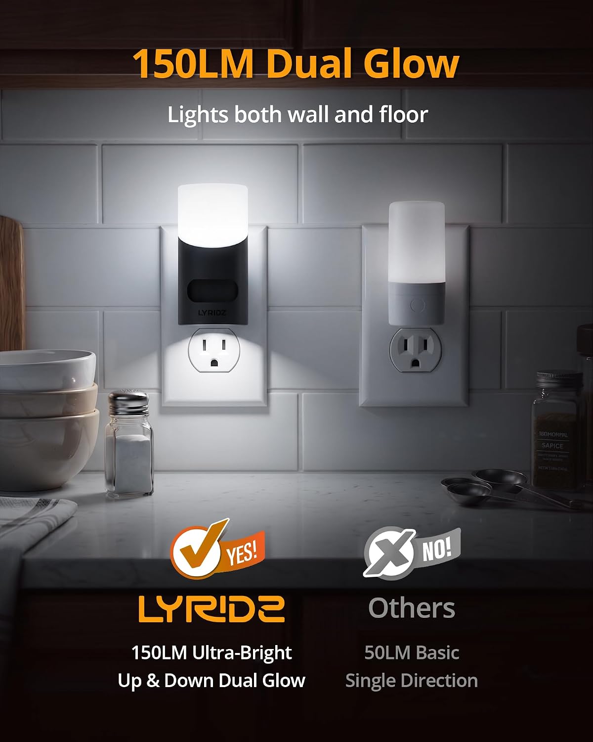 Lyridz Motion Sensor Night Light, LED Night Lights Plug into Wall, 1-150LM Dimmable Night Light Indoor for Hallway, Stairs, Bedroom, Garage, Bathroom, Toilet (Cool White, 2 Pack)