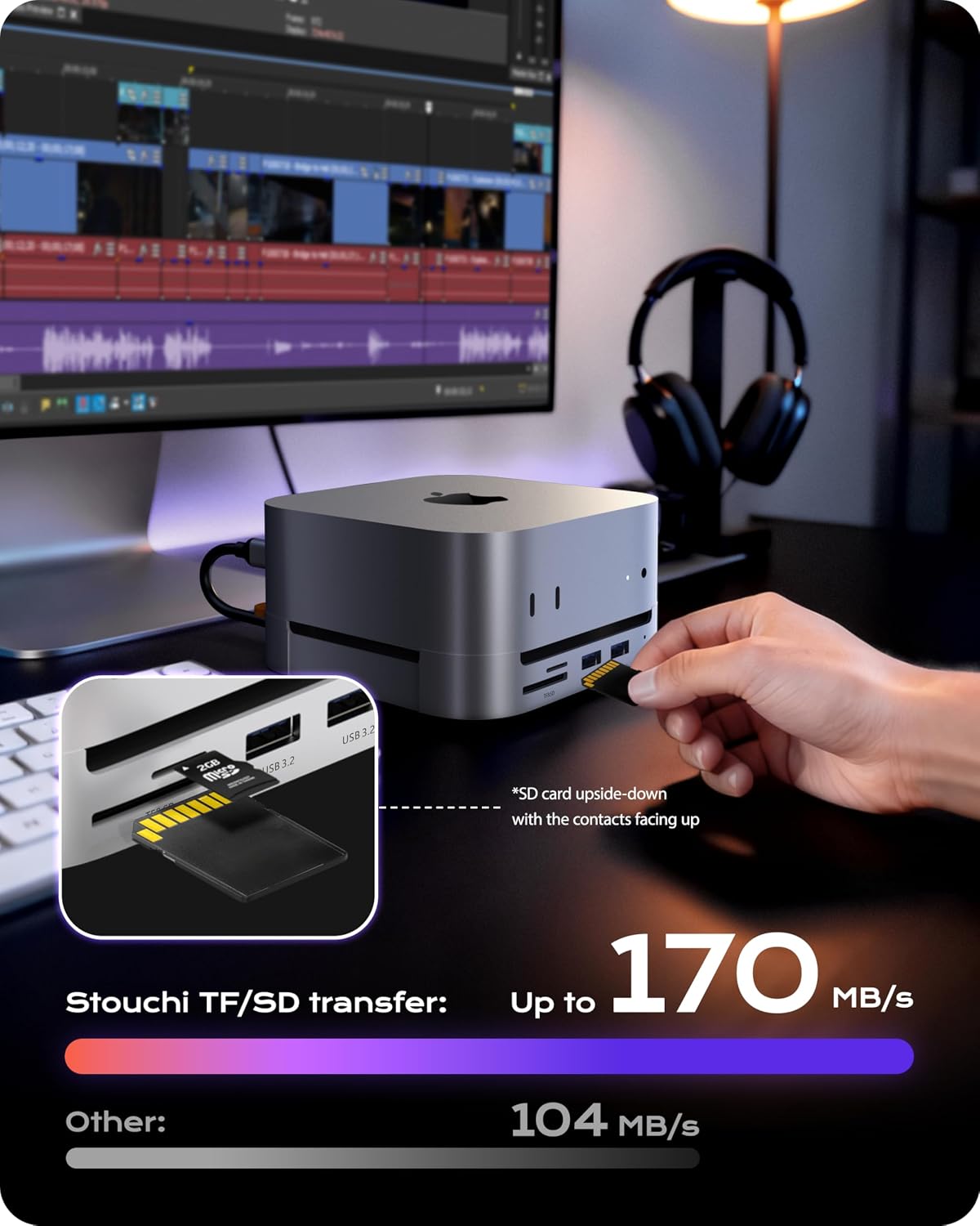 Stouchi Mac mini M4 Dock Stand with NVMe SATA SSD Enclosure, 8-Port Hub | 10Gbps | Easy Power Button | Stable Wi-Fi | 2* USB A 10Gbps, 4K@60Hz HDMI, SD/TF Slot, 2* USB A, Audio 3.5mm | for M4/M4 Pro