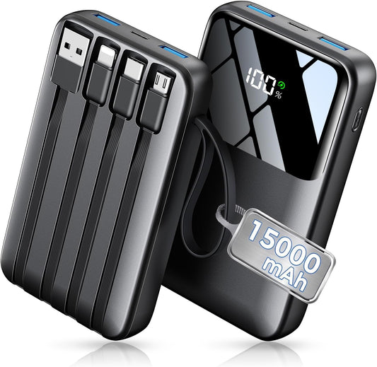 15000mAh Portable Charger Power Bank, Smaller Built-in 4 Cables, 22.5W | 50% More Capacity, 45% Smaller, Slim Travel Essential Battery Pack, 30-Min Fast Charge to 50% for iPhone/Samsung, Black