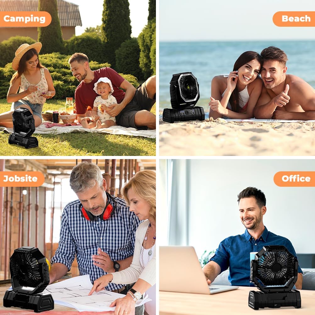 Camping Fan - 20000mAh Battery Powered Fan Rechargeable with LED Lantern - Portable Outdoor Tent Fans with Hanging Hook 4 Speeds Wind Remote Control, Black