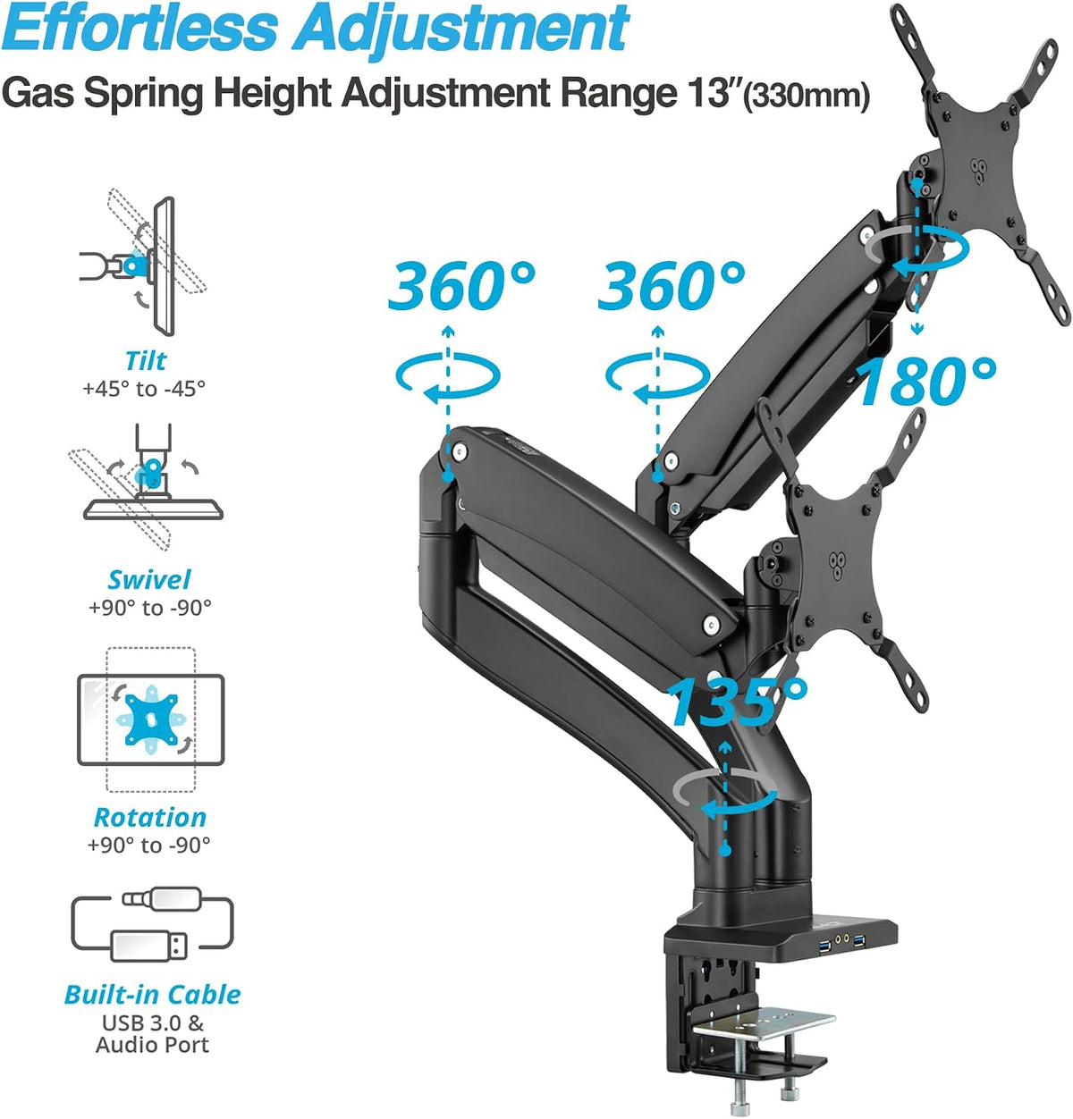 AVLT Dual Monitor Arm Desk Mount for 13-43" Screens, Heavy Duty - Black