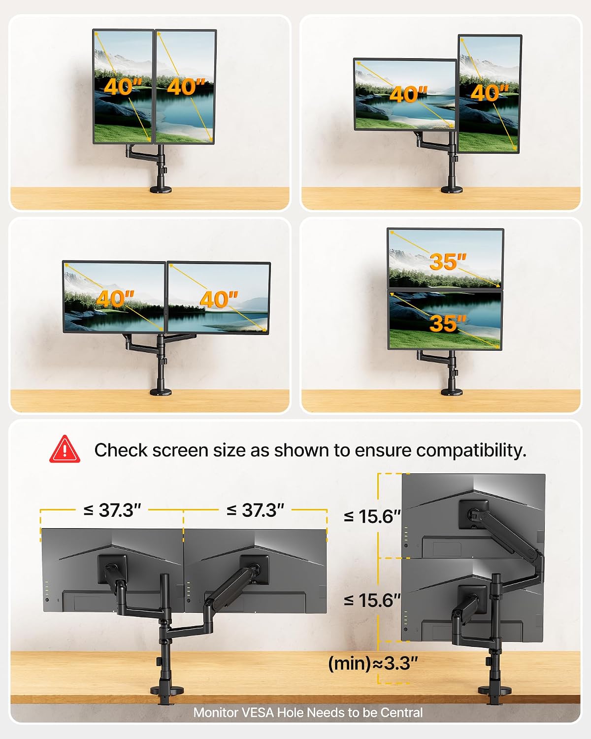 monTEK Dual Monitor Arm, Vertical Stackable 17–40" Full Motion with USB