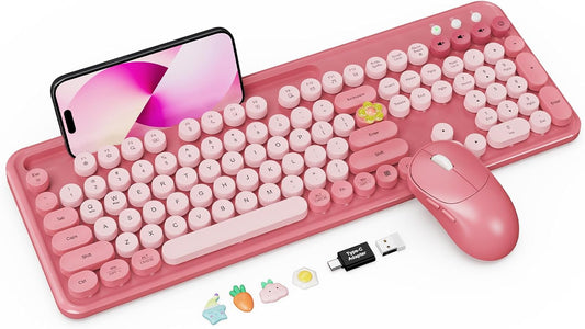 Wireless Keyboard and Mouse Combo, Rose, Round Keycaps, Phone/Tablet Holder