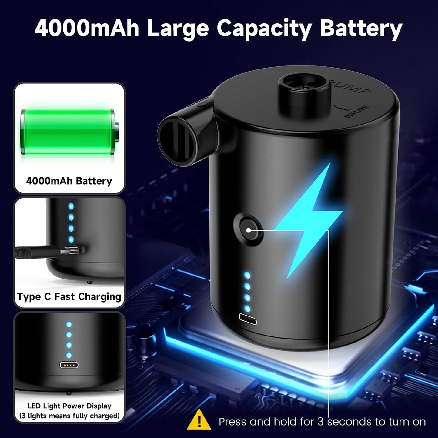 Air Pump for Air Mattress, Air Mattress Pump for Inflatables, Quick Fill Inflator Deflator Air Pump Perfect for Outdoor Camping Inflatable Boat Blow Up Pool Water Toy Car Air Bed