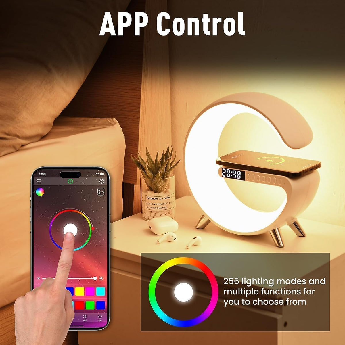 Smart LED Table Lamp, 4-in-1 Wireless Charger, Night Light, Alarm Clock, Bluetooth Speaker with App Control, Bedside Lamp with Charging Station for Bedroom, Office, Home Decor, Teen Girls Boys Gifts