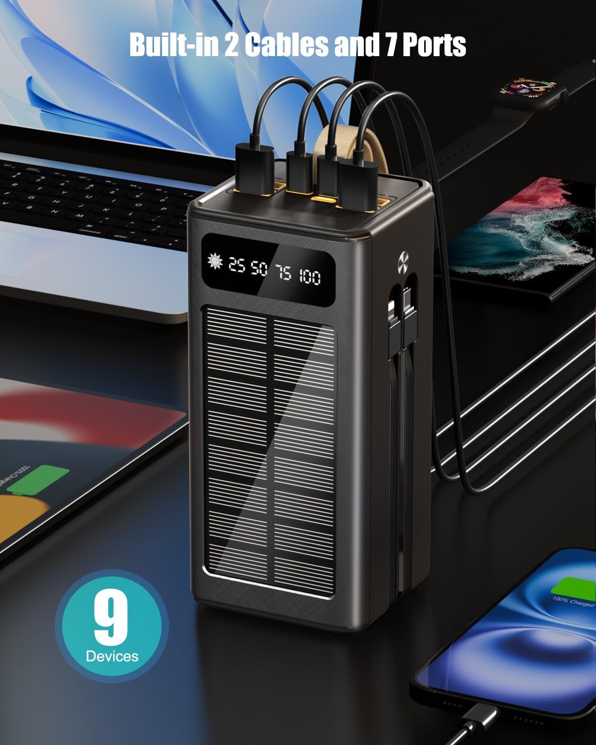 80000mAh Solar Battery Charger, 35W Fast Charging Solar Power Bank,Built-in USB-C/Lightning Cables for Camping,Travel,Emergencies,Tech Devices| 9-Port PD/USB-C, LED Flashlight (Black-Cable)