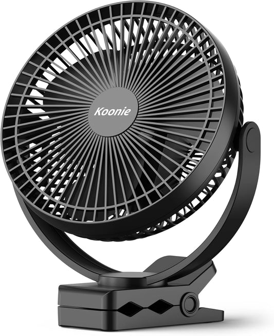 Koonie 8" Clip on Fan, 10000mAh Rechargeable Battery, Strong Airflow | 4 Speeds, Sturdy Clamp, Ideal Portable USB Desk Fan for Office, Golf Cart, Camping, Travel, Tent, Outdoor, Treadmill & Gym