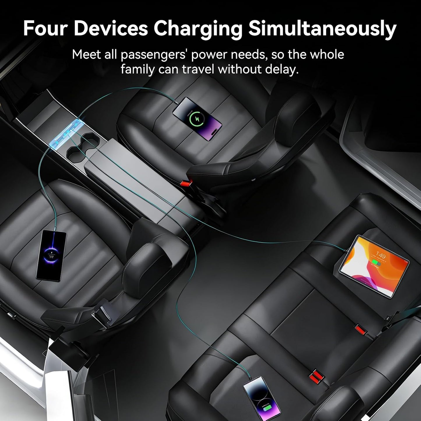 130W USB Hub for Tesla Model 3 Highland 2024 2026 Model Y Juniper 2025 2026, 65W+45W Dual Type-C Retractable Cables 4 in 1 Multi Port Fast Charger Docking