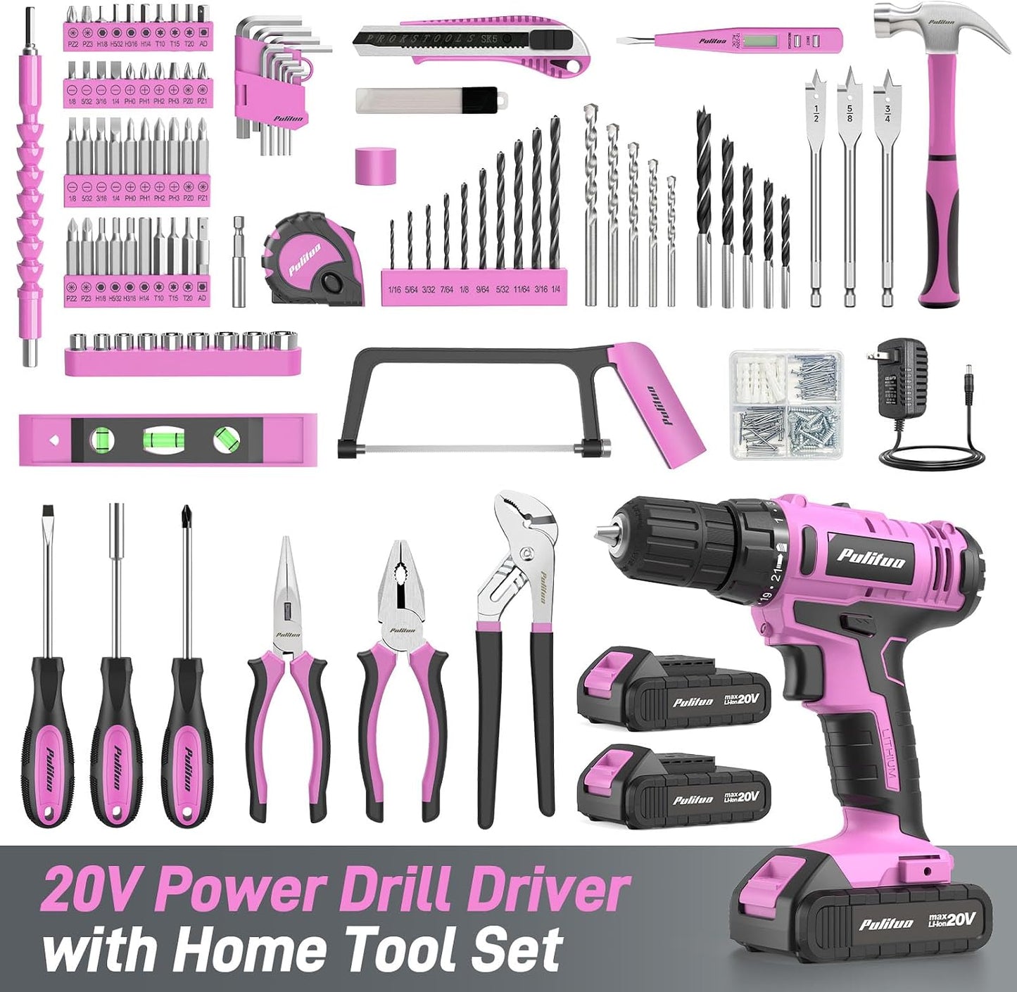 PULITUO Power Drill Tool Kit with 20V Cordless Drill/Driver, Electric Screwdriver, 2 Batteries & Charger, LED Light, 199-Piece Pink Home DIY Tool Set with Toolbox, Drill Set for Women & Men (Pink)