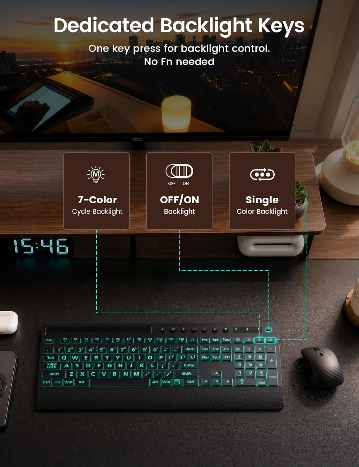 SABLUTE Wired Large Print Backlit Keyboard with Wrist Rest, K31PRO | 3X Larger Print Keys, 7-Color LED Backlight, Full Size Layout, Phone Holder, Quiet Typing, Plug & Play, Windows Compatible
