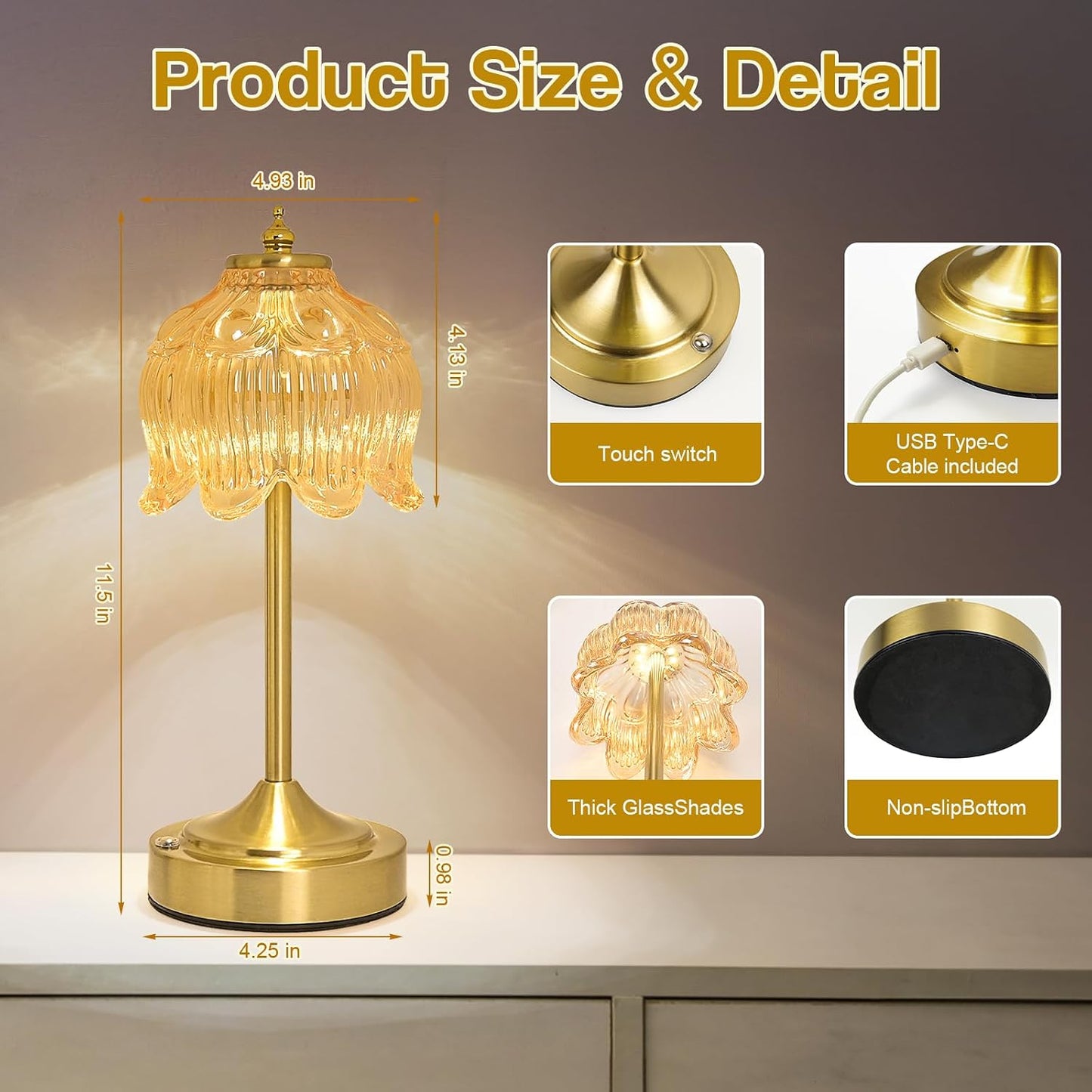 Cordless Lotus Flower Table Lamp, 5200mAh Rechargeable Battery Operated Portable Lamp, 3-Color Dimmable Touch Control Small Desk Lamp for Bedroom, Office, Kitchen, Nightstand,Room Decor (Flower Amber)