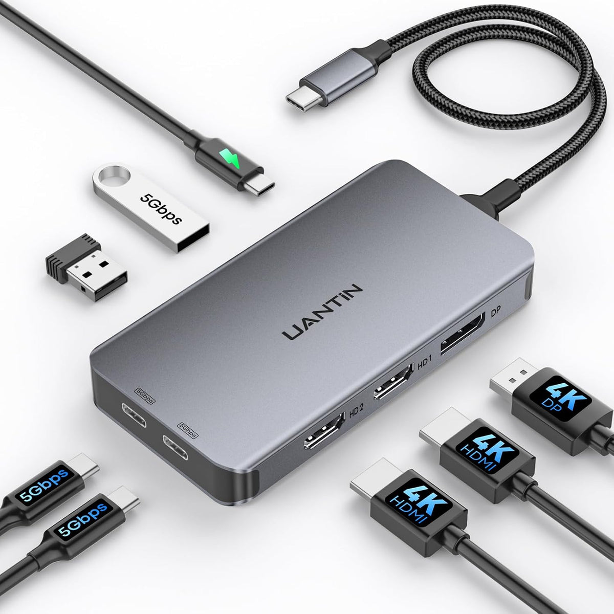 UANTIN Laptop Docking Station 3 Monitors, 8-in-1 USB C Dock with 2 HDMI, DP