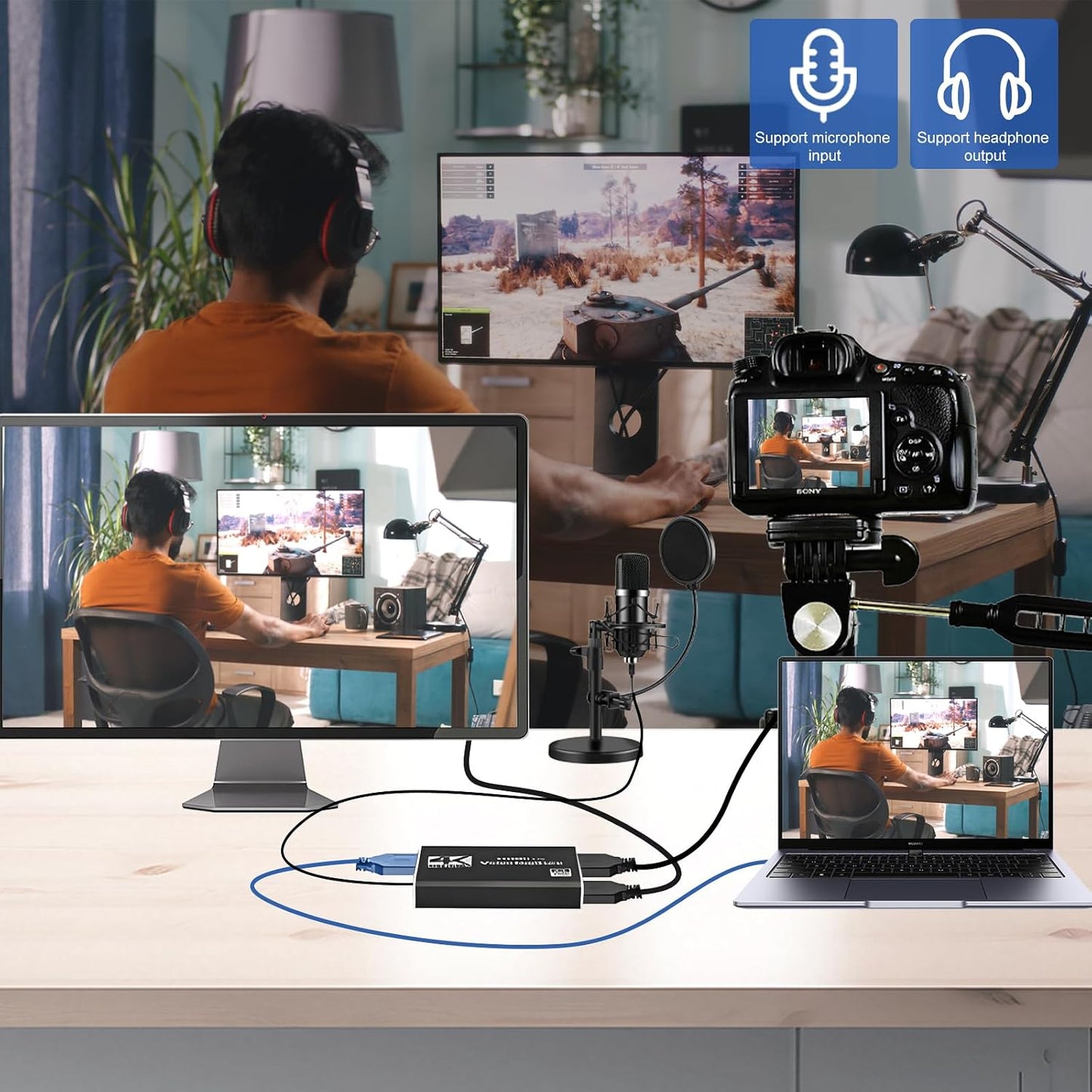 4K Capture Card Game Capture Card 1080P 60FPS for Streaming | Capturadora De Video For Game Recording Live Streaming Broadcasting Supports Microphone Input and 3.5MM Headphone Output