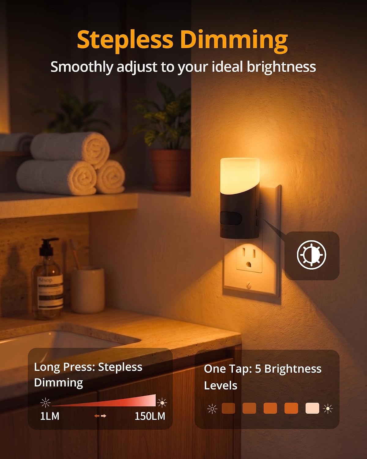Lyridz Amber Night Light with Motion Sensor, 1-150LM Dimmable Plug-in Nightlight Indoor for Bedroom, Bathroom, Hallway, Stairs, Pet House, Toilet, 2 Pack