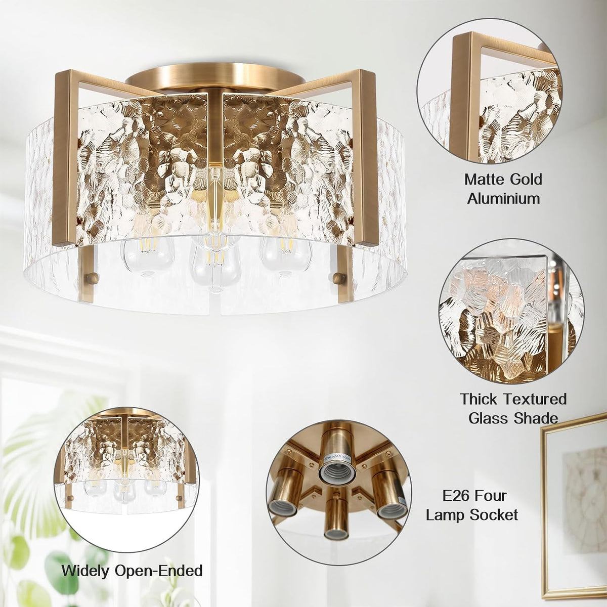 16'' Gold Semi Flush Mount Ceiling Light, 4-Light Glass Drum Light Fixtures