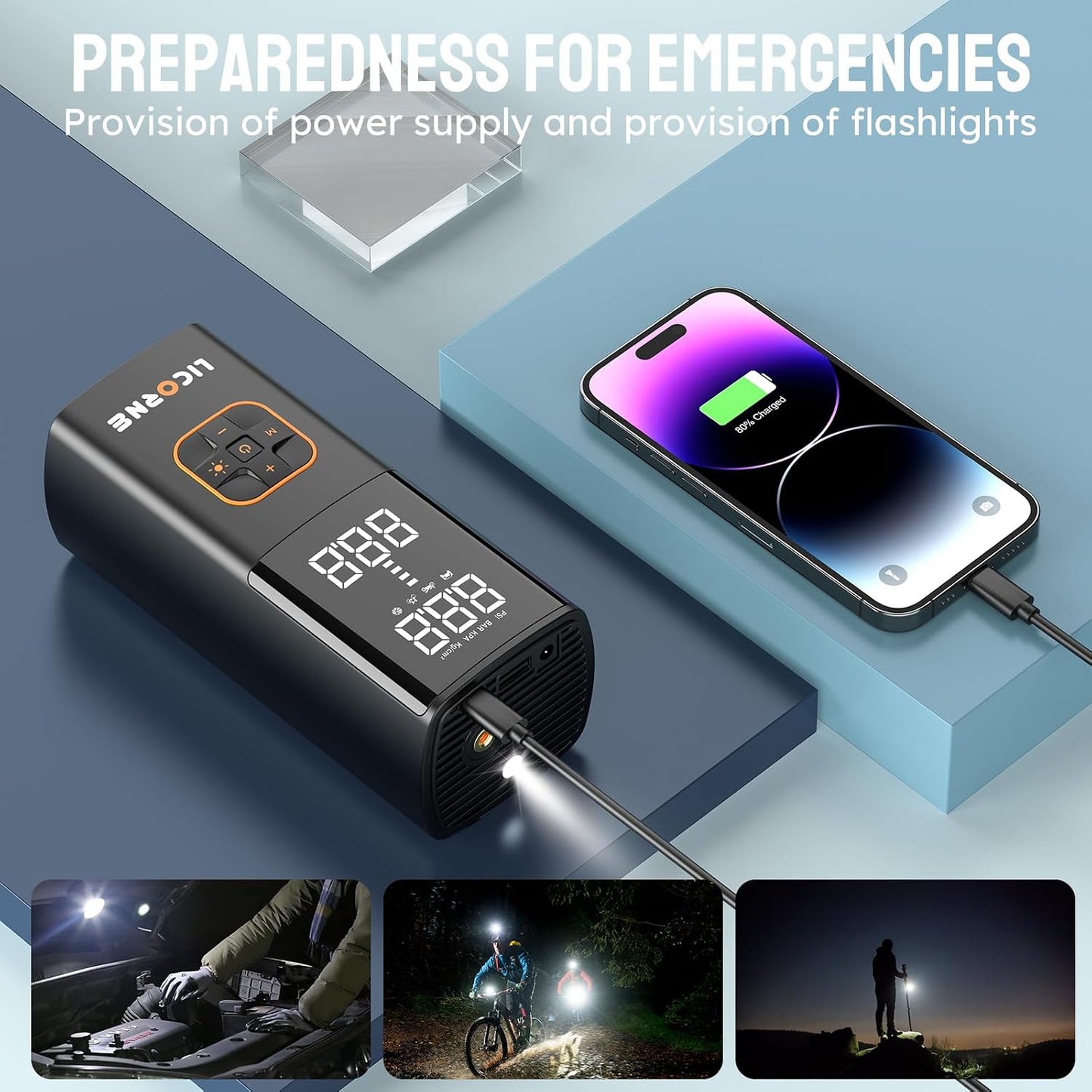 LICORNE Tire Inflator 5X 180 PSI Cordless inflator with Digital Pressure | 5X faster, 7800mAh battery, digital gauge, auto shut-off, 4 modes for car/bike/motorcycle/ball, USB-C power bank, LED light