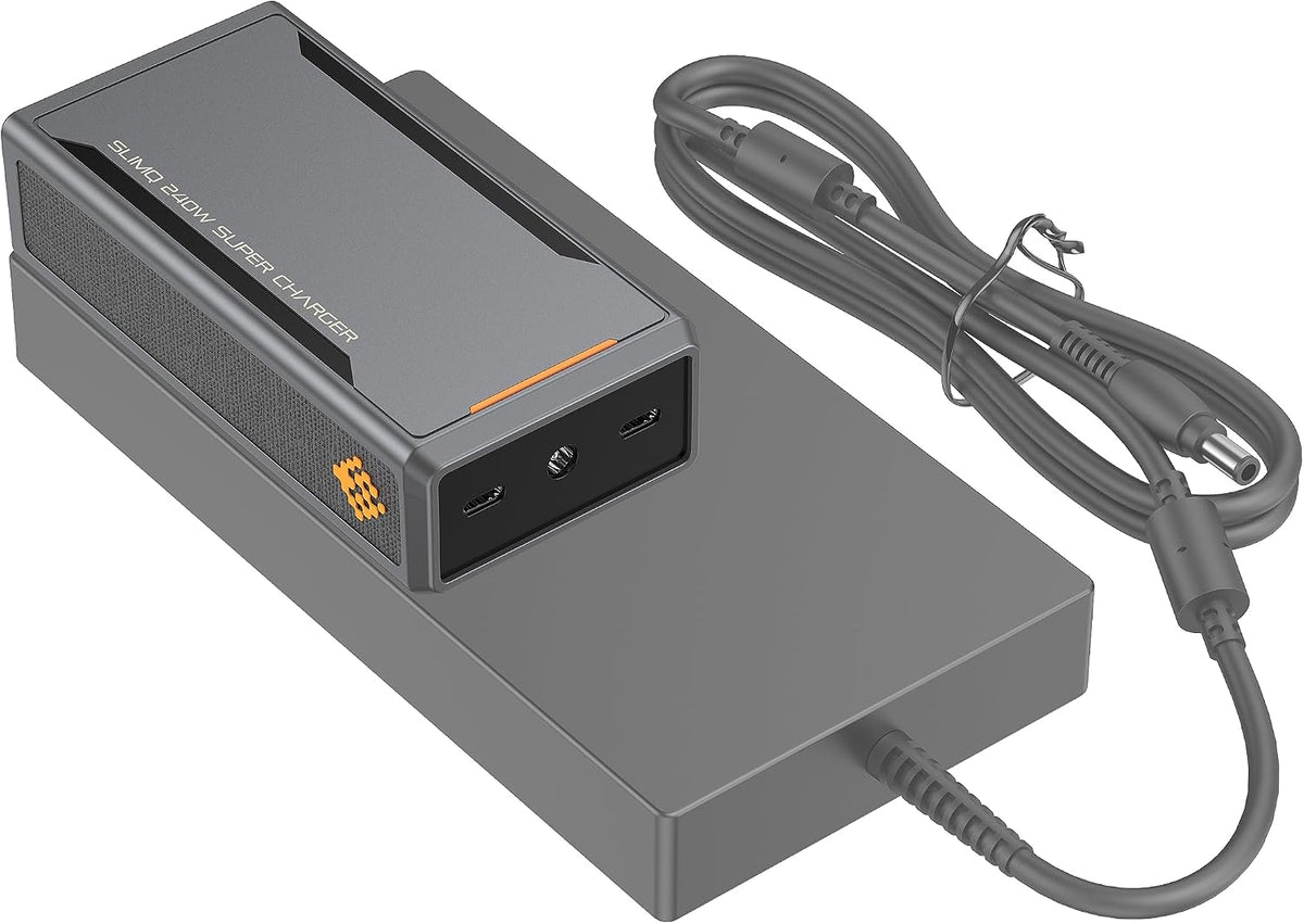 SlimQ 240W Universal Compact Gaming Laptop Charger Plus 2 USB-C Ports on it