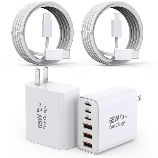 65W USB C Charger Block, 2Pack 6-Port Fast Charging Block with 6ft Long TypeC to TypeC Woven Cable Cord,Multiport Plug,USB C Power Adapter for iPhone 17/17 Air/17 Pro/16/16e/16 Pro Max/15,iPad,AirPods