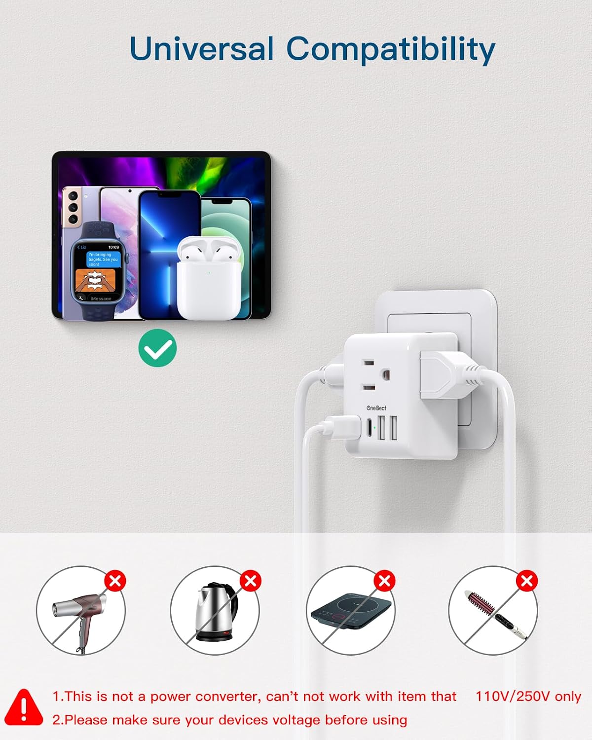 2 Pack European Travel Plug Adapter, Type C Plug Adapter Travel Essentials | International Power Adapter with 3 Outlets 4 USB Ports(2 USB C), US to Most Europe EU Spain Italy France Germany Plug Adapter