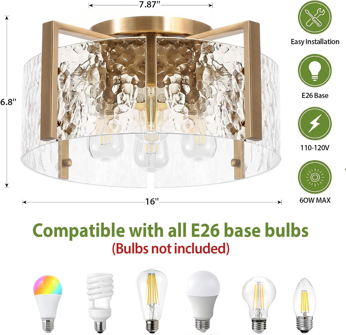 16'' Gold Semi Flush Mount Ceiling Light, 4-Light Glass Drum Light Fixtures