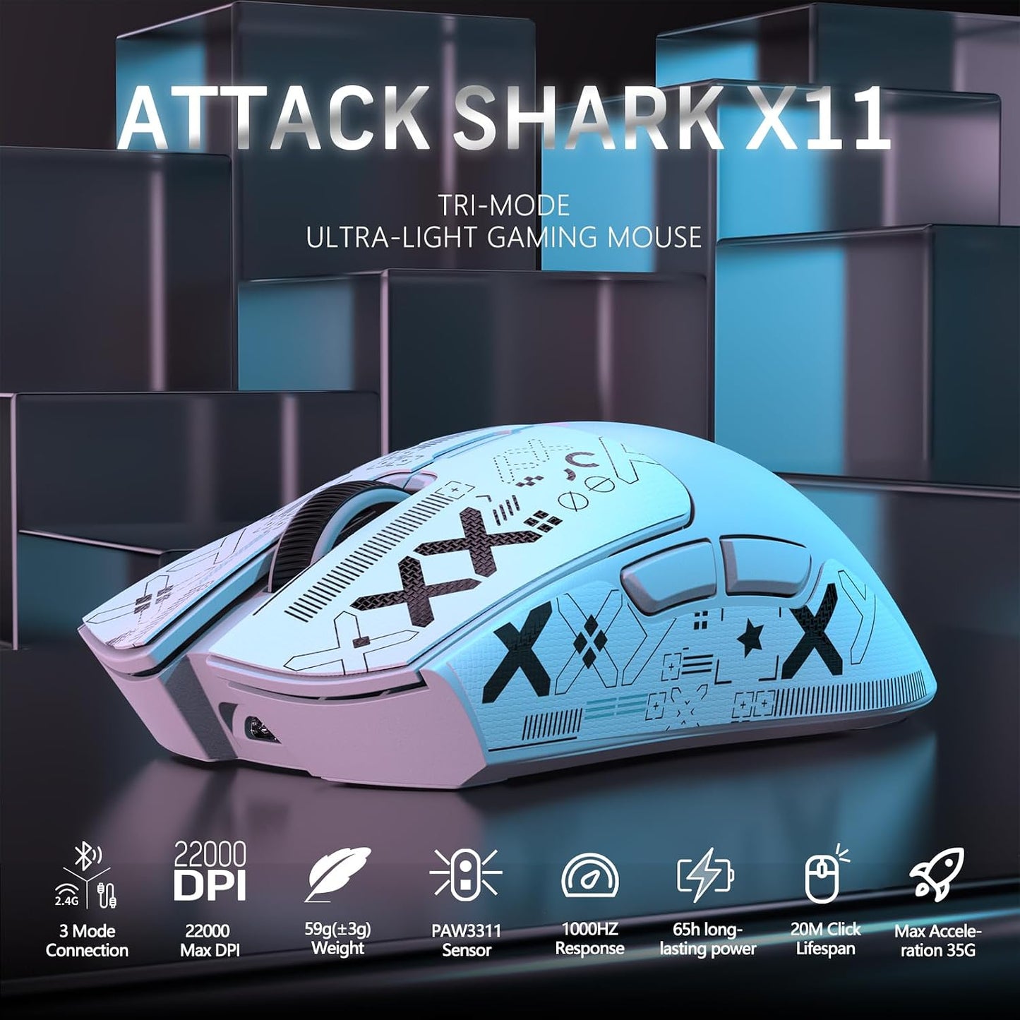 ATTACK SHARK X11 59g Lightweight Wireless Gaming Mouse,RGB Magnetic Charging Dock,Tri-Mode-BT/2.4G Wireless/Wired Mouse with Grip Tape,22000 DPI,5 Programmable Buttons for Pc/Mac(White&Sticker)
