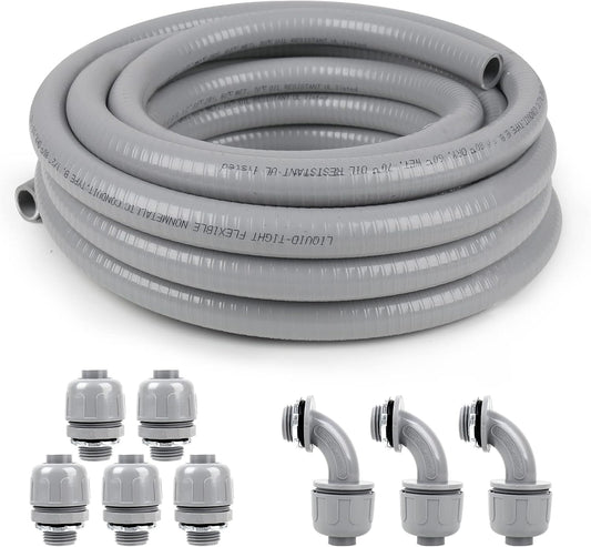 1 inch 100ft Liquid-Tight Conduit and Connector Kit,Flexible Non-Metallic Liquid Tight Electrical Conduit Kit with 5 Straight and 3 90-Degree Connector Fittings,1in. Dia