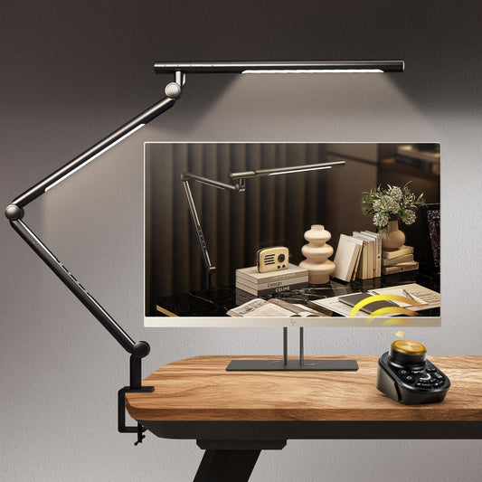 Adjustable LED Desk Lamp Modern Black - Clamp Mount Office Table Light with Desktop Remote Control, Adjustable Brightness & Color Temperature, 5 Lighting Modes for Reading, Computer, DIY