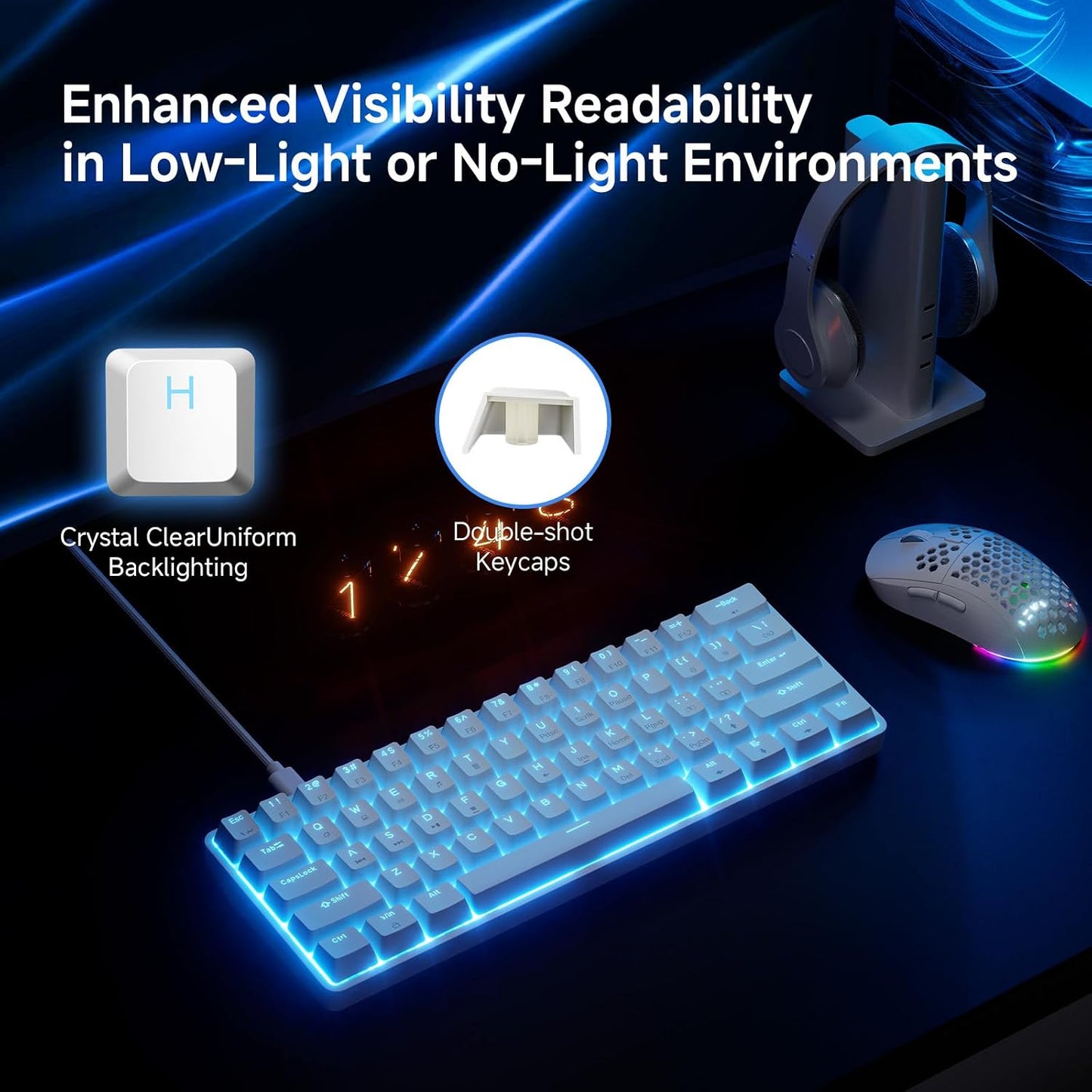 TMKB 60% Mechanical Gaming Keyboard, Red Linear Switch, Wired, White | LED Backlight, Anti-Ghosting, Detachable USB-C, Double-Shot Keycaps, 61 Keys