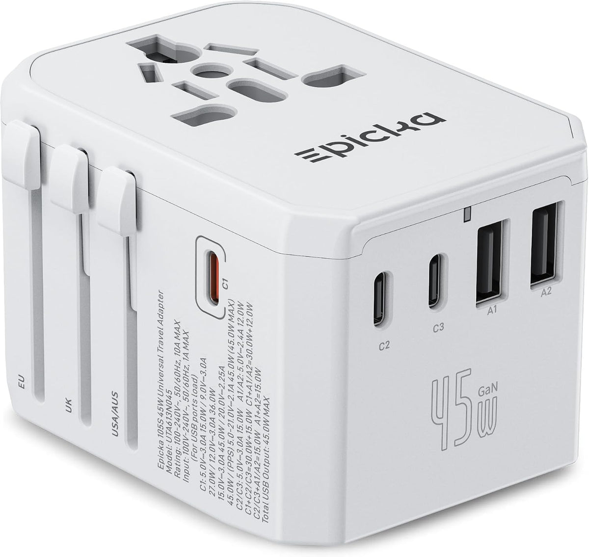 EPICKA 45W Universal Travel Adapter PD&QC, 1AC/4USB-C/1USB-A | Travel Plug Adapter for EU/US/UK/AUS, Fast Charging for Multi-Device, Not A Voltage Converter, TA-105S, White